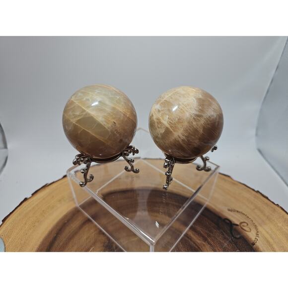 Peach Moonstone Spheres 1 Pair 55mm Each W/Stands - Picture 6 of 11